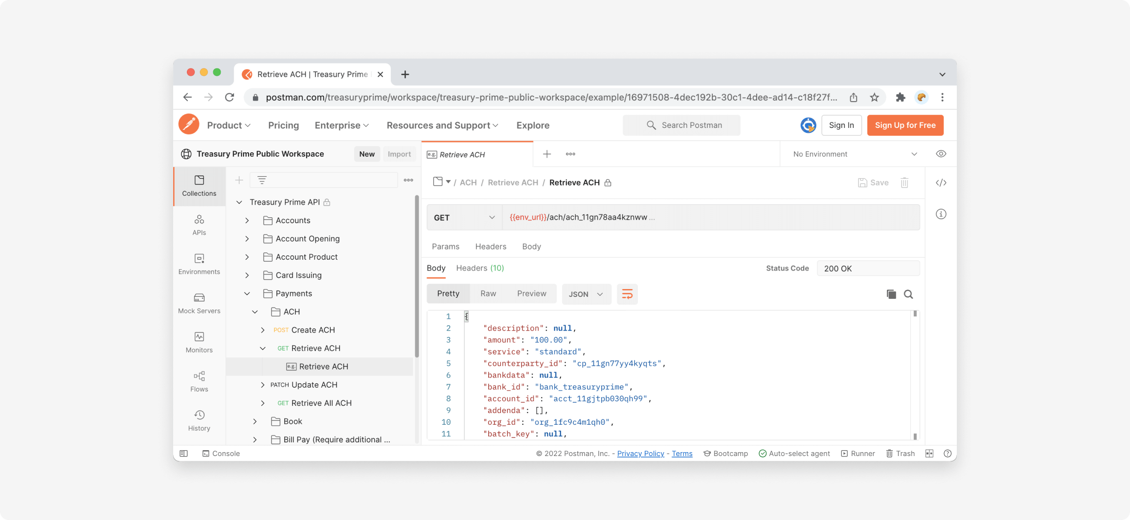 Treasury Prime API Collection in Postman